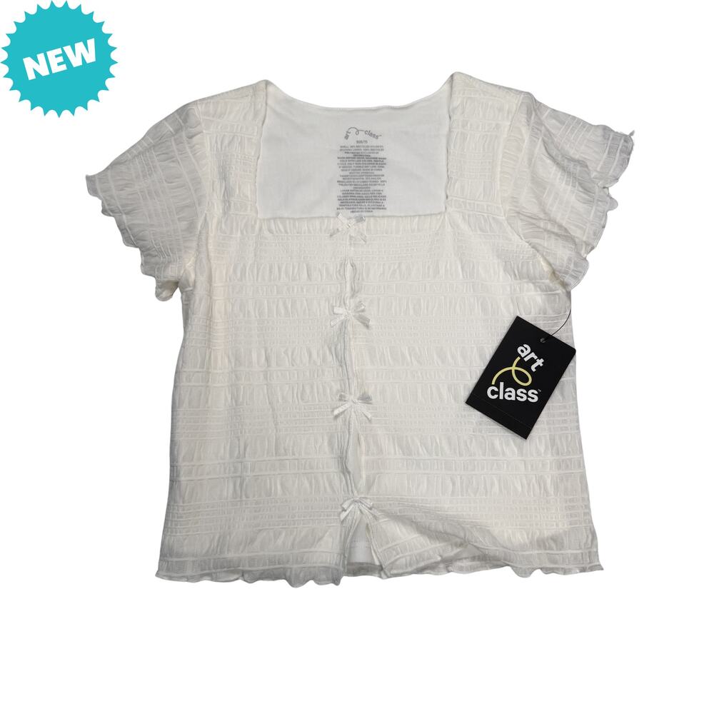 Art Class Top Girls Small 6/7 Off-White Short Sleeve Lined Square Neck Bow NWT